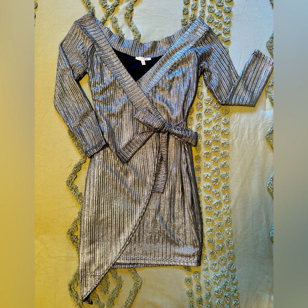 Luxxel Asymmetrical Silver Wrap Cocktail Dress